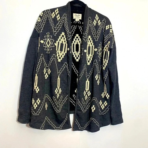Lucky Lotus knitwear ethnic aztec pattern embroidered open front  cardigan - Picture 2 of 11